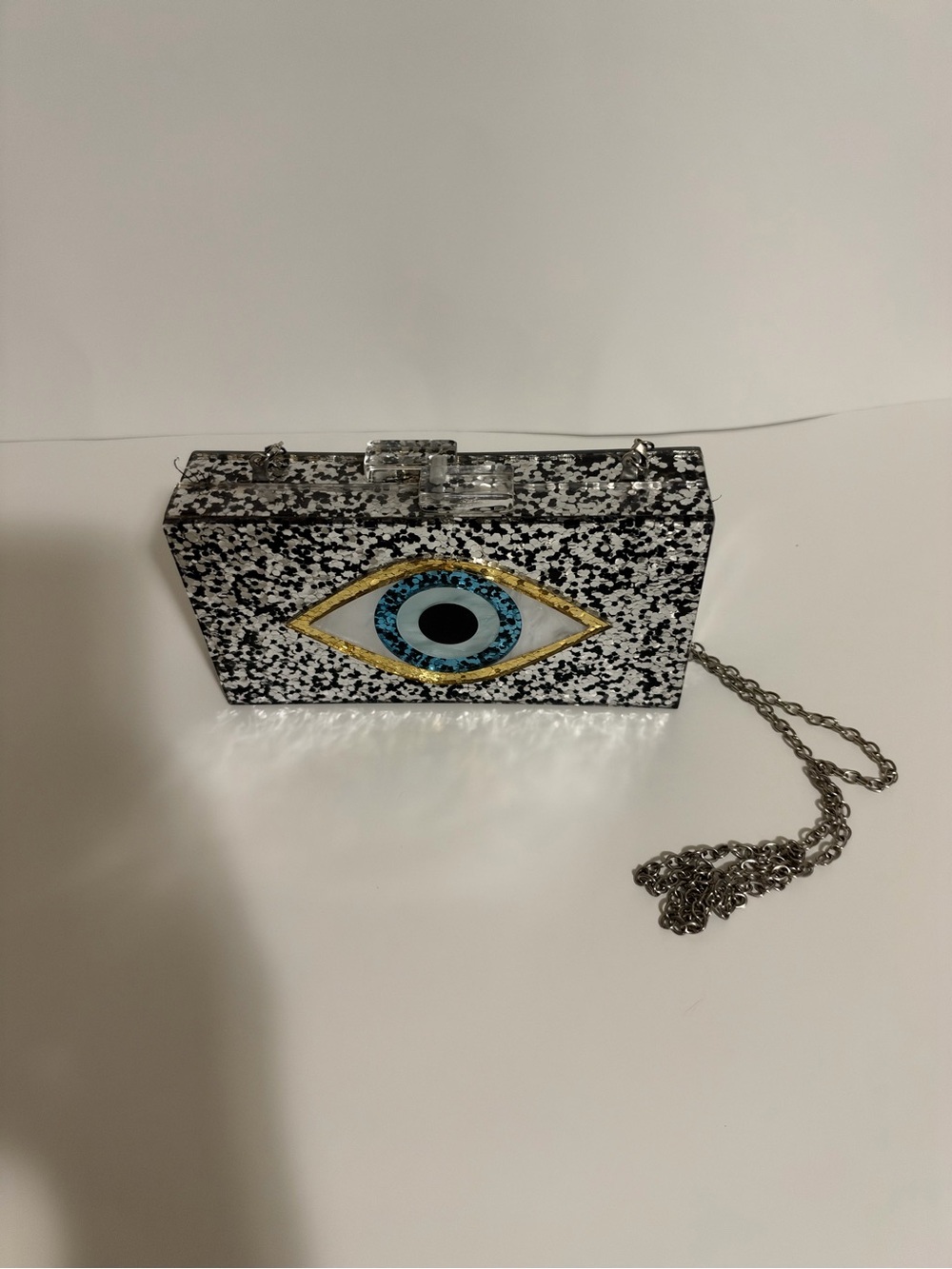Black & White Evil Eye Acrylic Box Clutch with Chain
